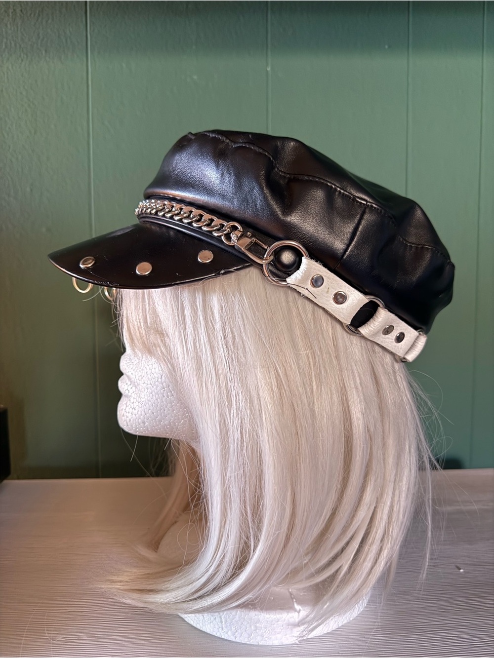 Black Faux Leather Chain Ring Newsboy Biker Hat Punk Festival Cap